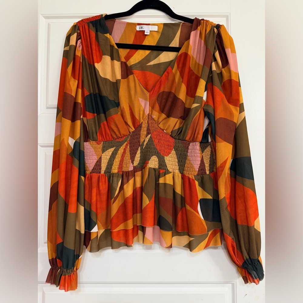 DR2 Women's Top in Red, Orange, and Brown Abstract Print